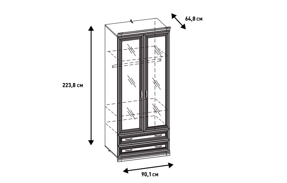 Комбинированные шкафы - изображение №6 "Шкаф Адажио АГ-201.04 (Я16) с полками, зеркалами, штангой и 2 выдвижными ящиками / Валенсия"  на www.Angstrem-mebel.ru